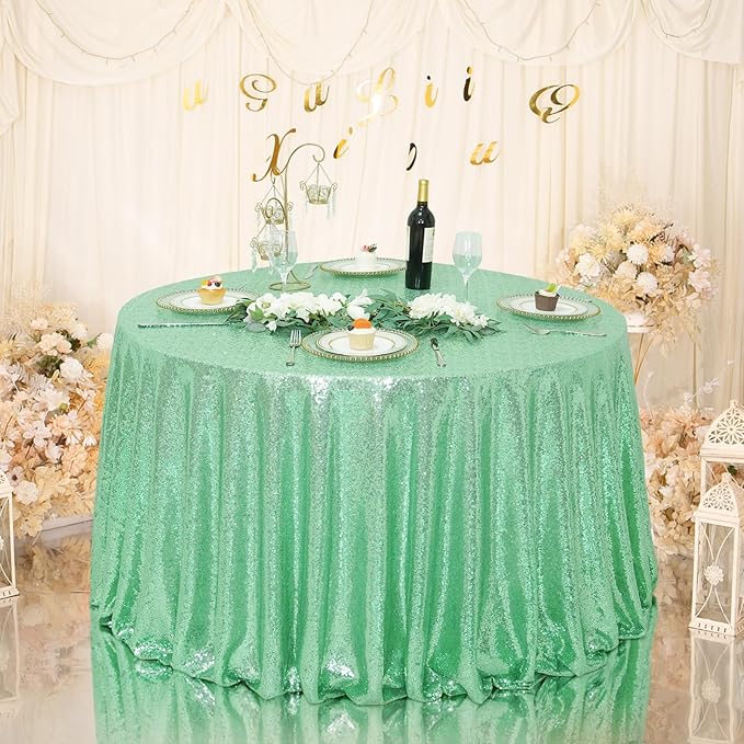 Eternal Beauty Mint Green Tablecloth, 120 Inch Round Sequin Tablecloth for Party Cake Dessert Table Exhibition Events