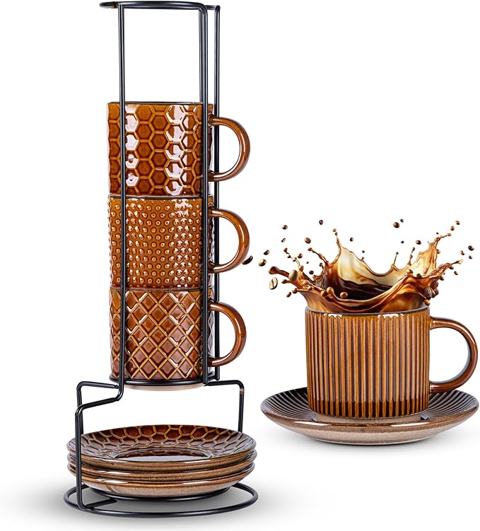 GBhome 6OZ Stackable Coffee Mugs with Stand and Saucer, Ceramic Coffee Mugs Set of 4 with Texture Patterns for Man,Woman,Dad,Mom, Modern Coffee Cups for Latte/Espresso. Dishwasher&Microwave Safe