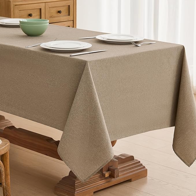 Faux Linen Tablecloths for Rectangle Tables, 2 Pack Burlap Textured Table Cloths Washable Farmhouse Table Cover Water Resistant for Dining, Wedding, Outdoor(Khaki, 60"×84")
