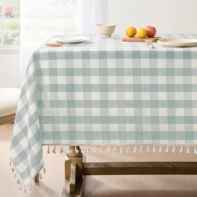 Softalker Checkered Tablecloth Rectangle, Outdoor Linen Cotton Gingham Table Cloth with Tassel, Heavy Duty Wrinkle Free Buffalo Plaid Table Cover for Kitchen Dining Home Party - 55 x 102 Inch, Aqua
