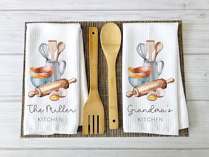 Personalized Kitchen Towel | Custom Tea Towel | Watercolor Utensil Dish Towel | Kitchen Decor | Hand Towel Gift Set | Waffle Weave Dishcloth (Pack of 4 Towels, Design 2)