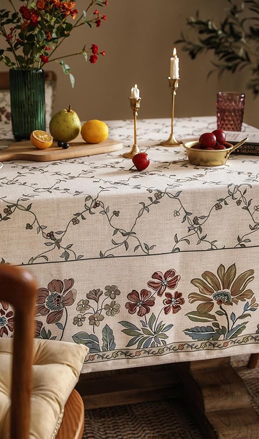 patdrea Designer Linen French Long Tablecloth for Rectangle Table,Fall Country Breathable Floral Tablecloths,Table Cover for Kitchen Dining,Tea Party,Christmas,Thanksgiving,63"x94"-Oliveirad