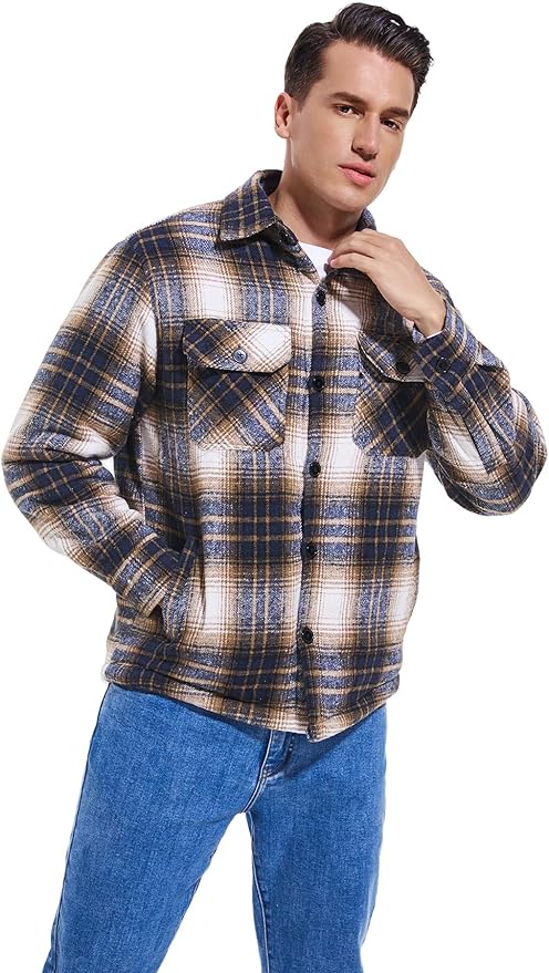 Men's Cotton Sherpa Lined Button Down Flannel Shirt Jacket Plaid Soft Outdoor Flannel Jacket Shirt