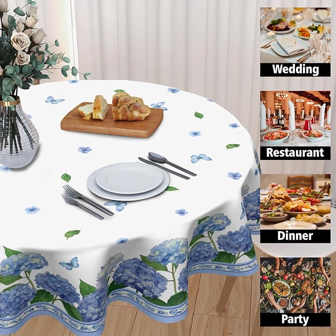 Spring Summer Round Tablecloth 60 Inch Easter Blue Hydrangea Watercolor Floral Butterfly Polyester Table Cloth Cover Rustic Farmhouse Decoration for Holiday Party Kitchen Dinner
