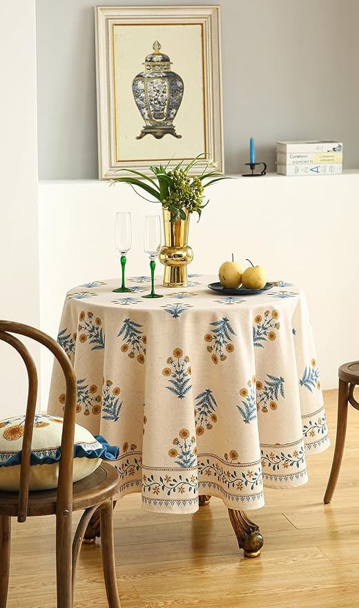 ISAENNE Designer French Pale Yellow Round Tablecloth,Linen Floral Table Cloth,Wrinkle Resistant Decor Tablecloths for Dining Thanksgiving Banquet Kitchen Party,Diameter 67"-Estevan A