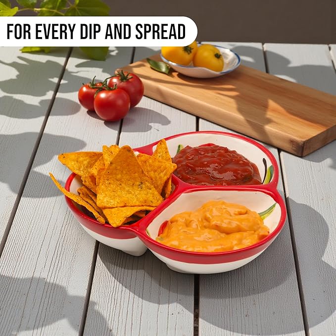 Ceramic Chip & Dip Bowl 7.5”, 3-Compartment Divided Serving Dish & Condiment Tray for Appetizers – Handmade in Spain, Lead-Free Glaze, Microwave, Oven & Dishwasher Safe