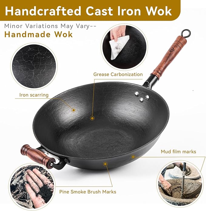 WANGYUANJI Cast Iron Wok,12.59 inch Flat Bottom Wok with Glass Lid,Suitable for All Cooktops, Uncoated Craft Pot Healthy Cooking Pot