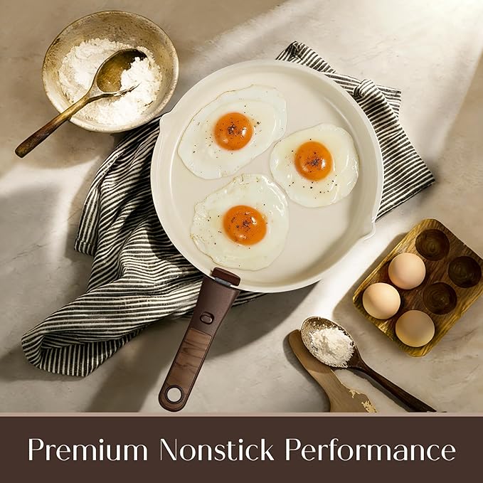 CAROTE 20Pcs Titanium Cookware Set, Pots and Pans Set Non Stick, Kitchen Cooking Set with Detachable Handle, Non Toxic Induction Cookware, Dishwasher/Oven Safe, Browm
