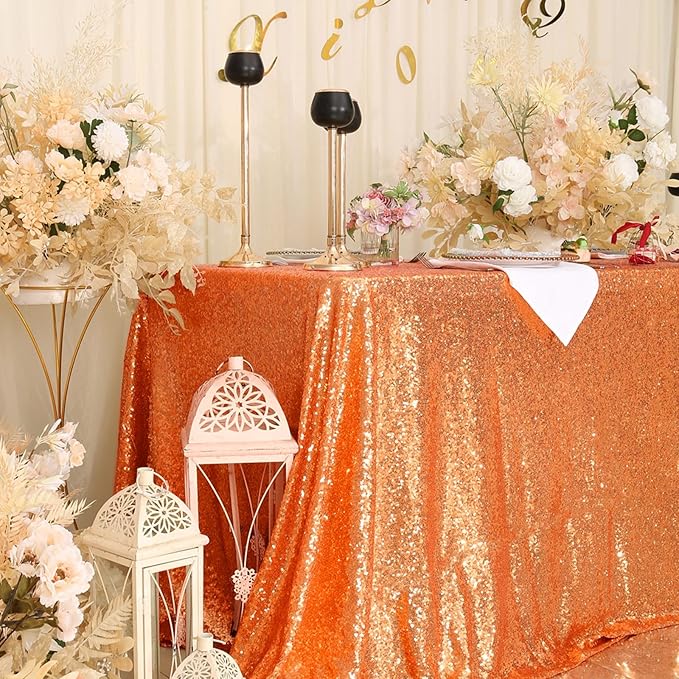 Eternal Beauty Orange Tablecloth, 50x80 Inch Sequin Rectangle Table Cover for Cake Dessert Exhibition Party Birthday Events