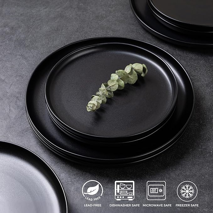 AmorArc Ceramic Dinnerware Sets, Wavy Rim Stoneware Plates and Bowls Sets,Dishwasher & Microwave & Oven Safe Dishes set, Service for 6 (18pc)-Matte Black