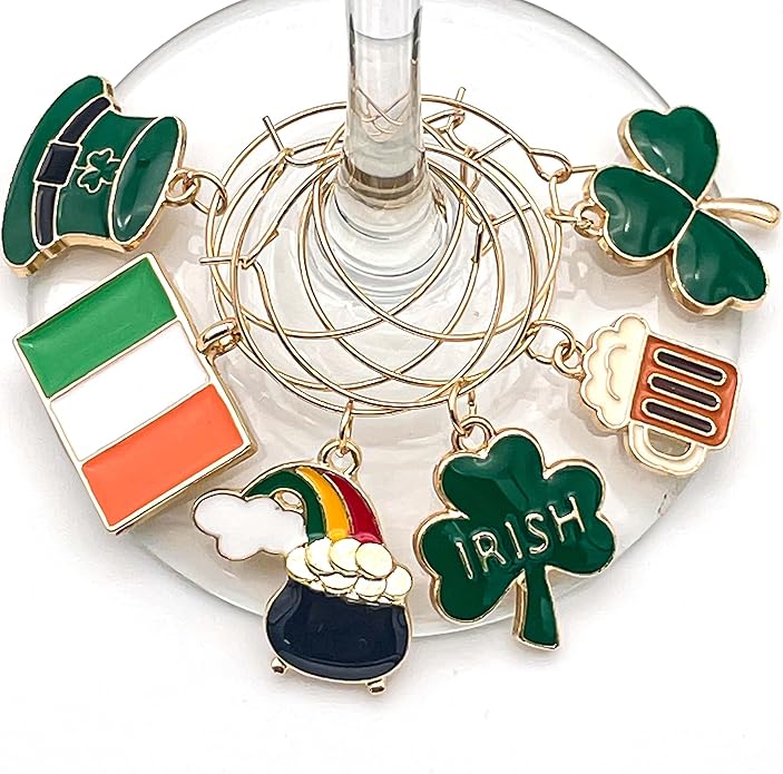 Serendipity Irish Wine Glass Charms, Irish Glass Markers, St Patricks Day Decoration, Set of 6 Charms: Ireland Flag, Leprechaun Hat, Shamrock, Beer Mug, and Pot of Gold