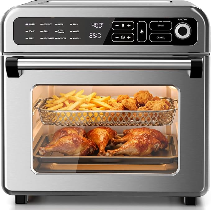 Kismile 18QT Air Fryer Toaster Oven Combo, 12-in-1 Countertop Convection Airfryer Oven, 70–450℉, Bake, Roast, Reheat & Broil, Fits 8-10″ Pizza, Includes Full Accessories, Stainless Steel (Silver)