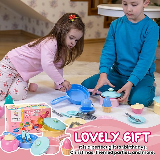 uToyz Kids Play Kitchen Toys – 49pcs Pretend Play Kitchen Accessories with Cooking Toys, Large Kids Pots and Pans Playset, Toy Dishes for Toddler Cooking Set, Pretend Pots and Pans for Ages 3+