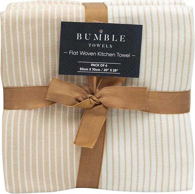 Premium Kitchen Towels (20”x 28”, 6 Pack) | Yarn Dyed Flat Woven Stripe Kitchen Towel Set| 238 GSM | Highly Absorbent with Hanging Loop | Tan