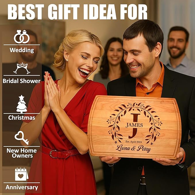 Personalized Wedding Gift Cutting Board for Couples, Custom Engraved Walnut, Cherry or Bamboo Wood Charcuterie Board, Anniversary & Housewarming, Real Estate Closing, Engagement & Bridal Shower Gift
