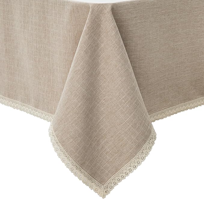 Lace Trim Tablecloth Linen-Look Textured Rustic Burlap Stlye Machine Washable Solid Heavy Weight Rectangle/Oblong Table Cloth Cover for Kitchen Dinning Tabletop Decoration 55x86 in Beige
