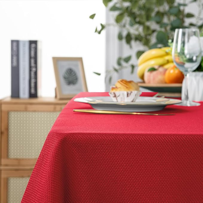 Hiasan 60 X 120 Inch Rectangle Textured Tablecloth - Waterproof Spillproof Antiwrinkle Jacquard Table Cloth for Kitchen and Dining Dinner, Outdoor Picnic, Holiday and Parties, Red