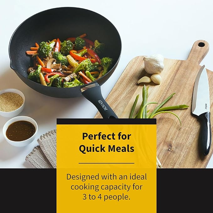 Ken Hom Stir Fry Wok 12" Aluminum Nonstick Pan with Soft Touch Handle and Flat Bottom, Black