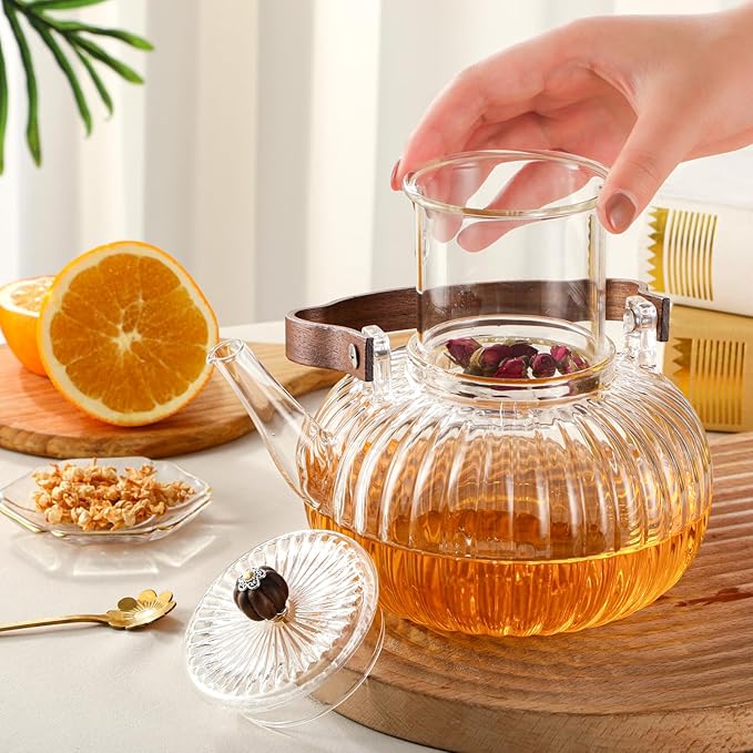 40OZ/1200ML Glass Pumpkin Teapot with Removable Infuser & Lid, Stovetop & Microwave Safe Clear Borosilicate Glass Tea Maker Water Kettle for Loose Leaf Blooming Tea