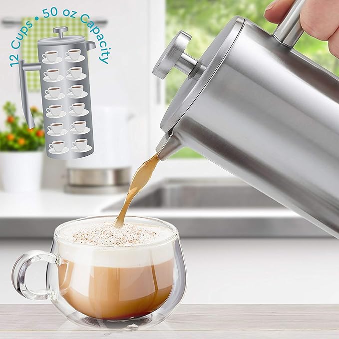 Belwares French Press Coffee Maker 50oz - 304 Stainless Steel Insulated Coffee Press, Double-Wall Heat Resistant Design with 4-Level Filtration System, Rust-Free & Dishwasher Safe (1.5 Liter), Silver