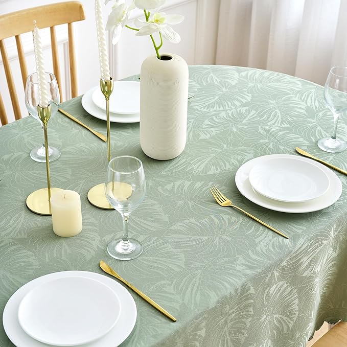 Oval Tablecloth 50x70 Inch Green Table Cloth Leaves Pattern Scalloped Edge Silky Soft Fabric Waterproof Wrinkle Free Washable Table Cover for Kitchen Dinning Party Decoration