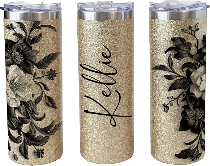 MRC Wood Products Personalized 20oz Glitter Tumbler with Floral Motif - Custom Name Insulated Cup, for Her (Gold)
