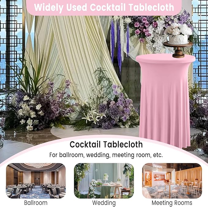 Qubjus 2 Pack Round Cocktail Table Covers with Skirt Stretch Spandex Tablecloth 24"x43" Cocktail Round Tablecloth for Party Wedding Birthday Banquet, Pink