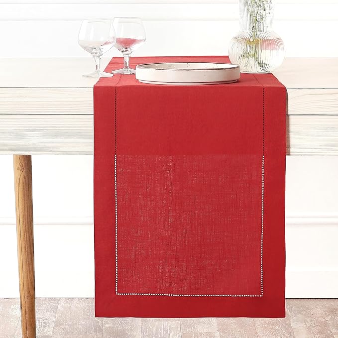 D'Moksha Homes Linen Bright Red Table Runner 120 Inches Long - 100% Pure Linen Hemstitch 14 x 120 Inch Table Runner for Dining, Valentines, Spring, Easter - Classic Hemstitch