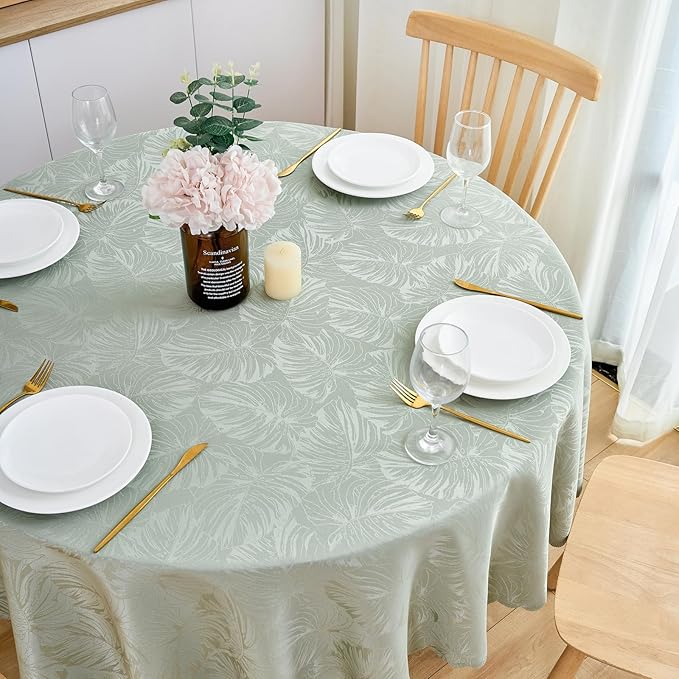 Round Tablecloth 80 Inch Fabric Green Table Cloth Leaves Pattern Scalloped Edge Silky Soft Tablecloth Waterproof Washable Table Cover for Kitchen Dining Outdoor Birthday Party Banquet