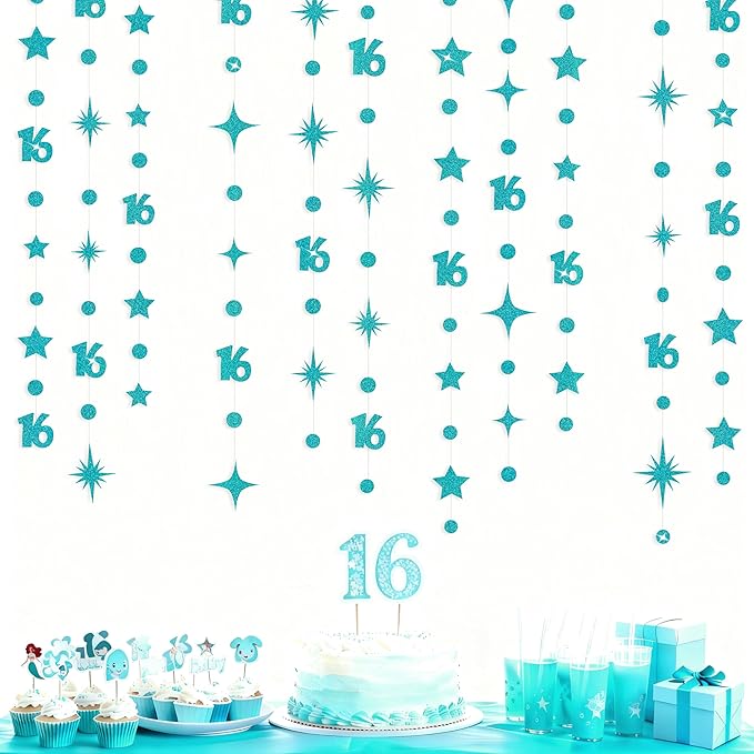 Teal Blue 16th Birthday Decorations Number 16 Circle Dot Star Garland Glitter Streamer Banner Backdrop for Girls Boys Sweet Sixteen Cheers to 16 Years Old Birthday 16th Anniversary Party Supplies