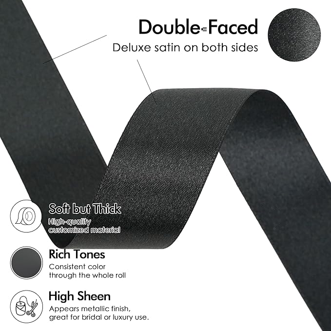 MEEDEE Black Ribbon 1 Inch Black Satin Ribbon Lux Double Faced Satin Ribbons by 50 Yards Polyester Wrapping Ribbons for Crafts, Weddings, Flower Bouquet, Holiday Decorating