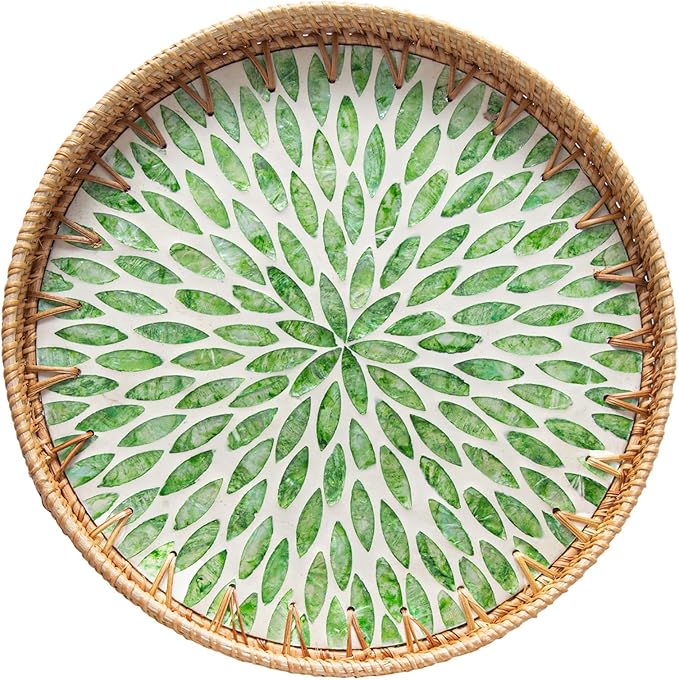 Round Rattan Tray Home Decor, 12'' Wicker Serving Tray with Mother of Pearl Inlay, Boho Decorative Tray for Coffee Table, Bathroom, Ottoman, Kitchen Table, Bathroom (Green)