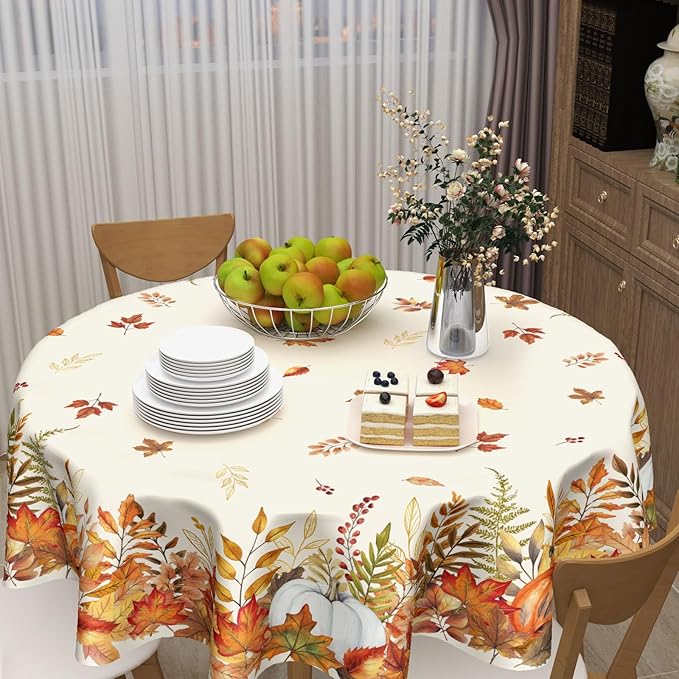 Fall Tablecloth Round 60 Inch Thanksgiving Autumn Harvest Orange Pumpkin Maple Leaves Table Cloth Rustic Farmhouse Table Cover for Kitchen Dinner Home Decor