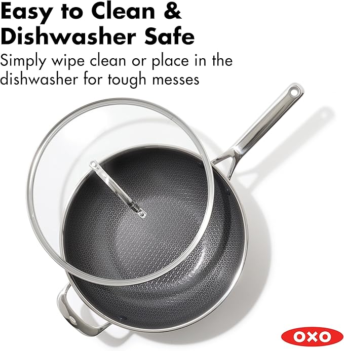 OXO Hybrid 12” Nonstick Wok with Glass Lid, PFAS-Free Ceramic Stir-Fry Pan, Induction & All Cooktop Compatible, Dishwasher Safe, Fusion Boost Tech for Powerful Searing, Mirror Polished Tri-Ply