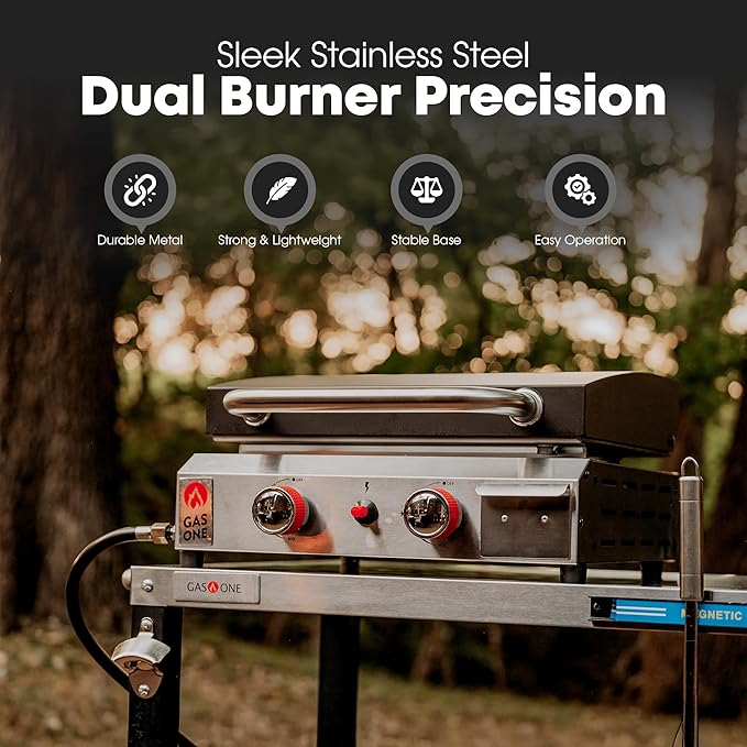 GasOne Flat Top Gas Grill with Lid – Auto Ignition Propane – Premium Stainless Steel Body Tabletop with Pre Season Griddle – Oil Drip Tray – for RV, Camping