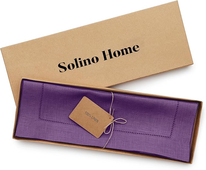 Solino Home Linen Placemats Set of 4 - Classic Hemstitch Purple Placemats 14 x 19 Inch - 100% Pure Linen Table Mats for Winter, Spring, Easter, Valentines