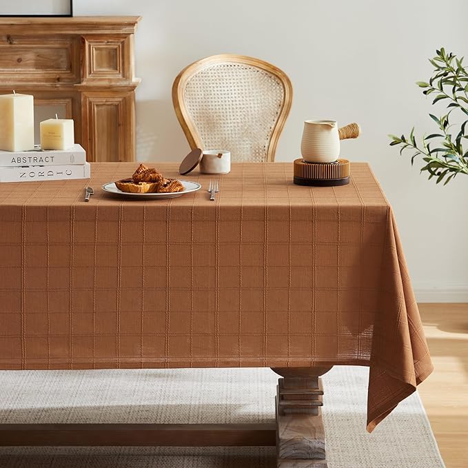 ZeeMart Linen Checked Table Cloth, Farmhouse Style Plaid Embroidered Caramel Tablecloth, Water Resistant Rectangle Table Cloth, Caramel 60x84 Inches