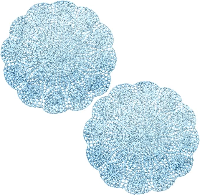 BIBITIME Round Flower Lace Doilies Vase Mats Kitchen Tablecloth Dish Plate Mat Handmade Crochet Table Doily Placemats (Light Blue, 11.8 in to 13.8 in,2PCS)