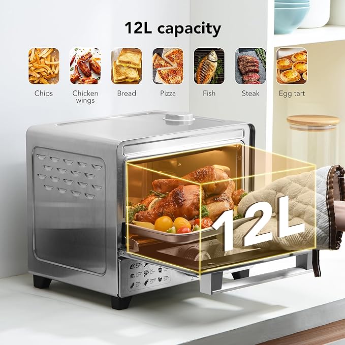 13QT Compact 6-in-1 Steam Oven, Stainless Steel Countertop Convection Oven, Fast Preheat, Air Fry, Bake, Roast, Broil, Reheat & Steam, Perfect for Small Contertop