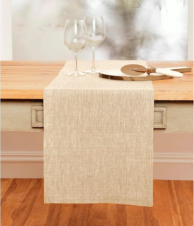 Solino Home Linen Short Table Runner 36 Inches - Athena, 100% Pure Linen Champagne Beige Table Runner 14 x 36 Inch Ideal for Dresser and Coffee Tables - Spring, Easter