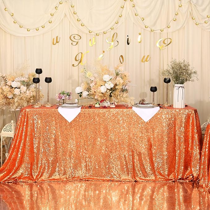 Eternal Beauty Orange Tablecloth, 60x102 Inch Sequin Rectangle Table Cover for Cake Dessert Exhibition Party Birthday Events