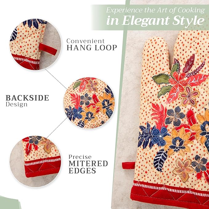 Maison d' Hermine Oven Gloves 100% Cotton Oven Mitt 7" x 13" with Loop Heat Resistant BBQ Cooking Gloves for Thanksgiving Christmas Decorations Baking Handling Hot Pans (Pack of 1, Kalahari)
