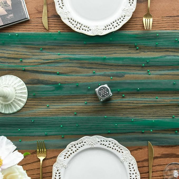 Artoid Mode Pearl Dark Green Gauze Table Runner 59x120 Inch , Seasonal Sheer Kitchen Dining Holiday Wedding Birthday Baby Shower Table Decor for Home Party