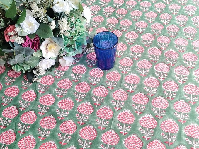ATOSII Roma Green 100% Cotton Spring Summer Tablecloth, Handblock Print Rectangle Table Cover for Kitchen Dining Linen I Parties, Outdoors, Wedding, Easter Table Cloth I 72 X 108 Inches I 8 Seater