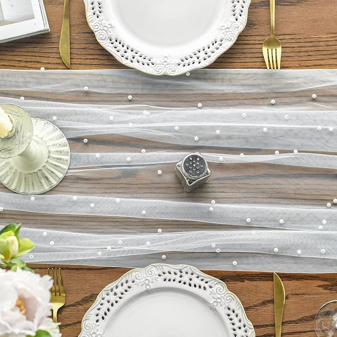 Artoid Mode 3PCS Pearl Gauze Table Runner 120 Inch 10FT, Seasonal Sheer Dining Holiday Wedding Birthday Baby Shower Table Decor for Home Party
