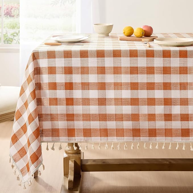 Softalker Fall Checkered Tablecloth Rectangle, Heavy Weight Linen Cotton Gingham Thanksgiving Orange Table Cloth with Tassel, Wrinkle Free Buffalo Plaid Table Cover for Dining Party- 55 x 70 Inch