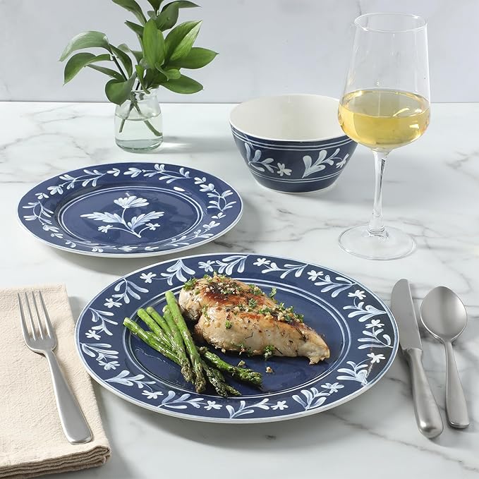 Martha Stewart Maiden Crown 12-Piece Sky Blue Dinnerware Set – New Bone China Ceramic Plates & Bowls – Floral Design – Service for 4 – Microwave & Dishwasher Safe