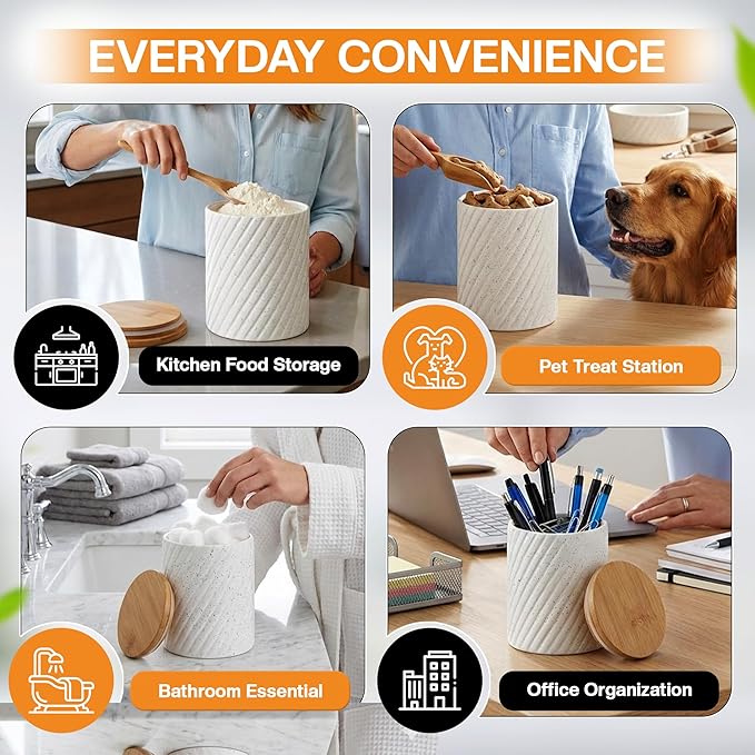 Ceramic Canister Set for Kitchen Countertop & Pantry – 3 Airtight Food Storage Containers for Flour, Sugar & More – Durable White Ceramic with Bamboo Lids