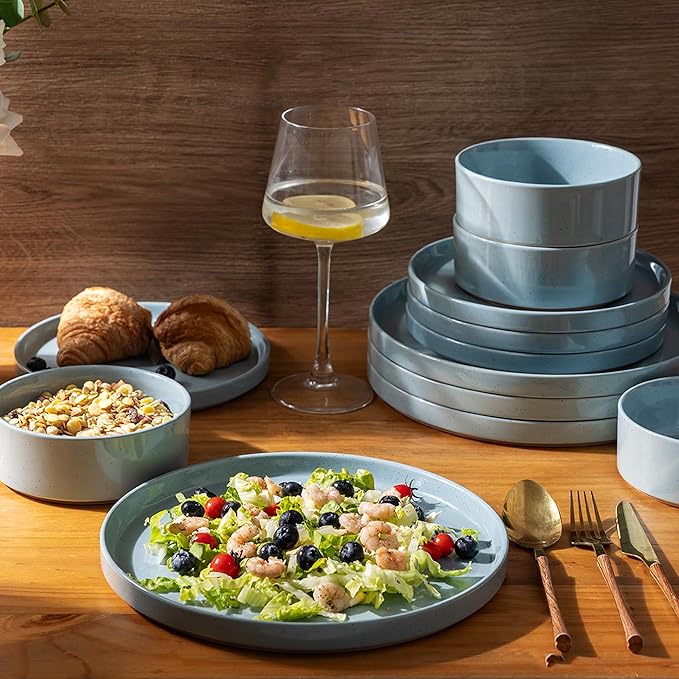 AmorArc Ceramic Dinnerware Set for 4 | Speckled Stoneware Plates and Bowls with unglazed terracotta | Scratch Resistant, Dishwasher & Microwave Safe Dishes Sets- 12-Pcs Blue