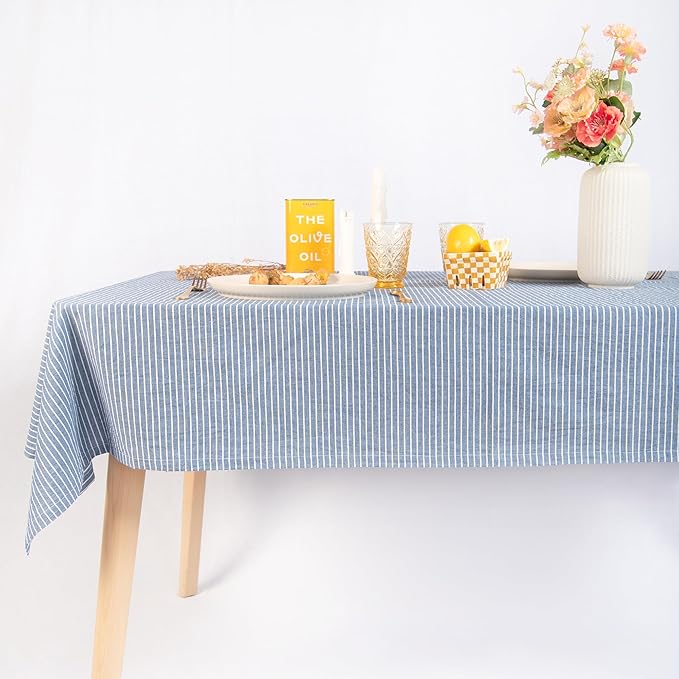 MONDAY MOOSE Striped Farmhouse Picnic Style Decoration Rectangle Natural Stonewashed Cotton Tablecloth for Kitchen, Dining Room, Restaurant (60x86 inch, Blue/White Stripes)